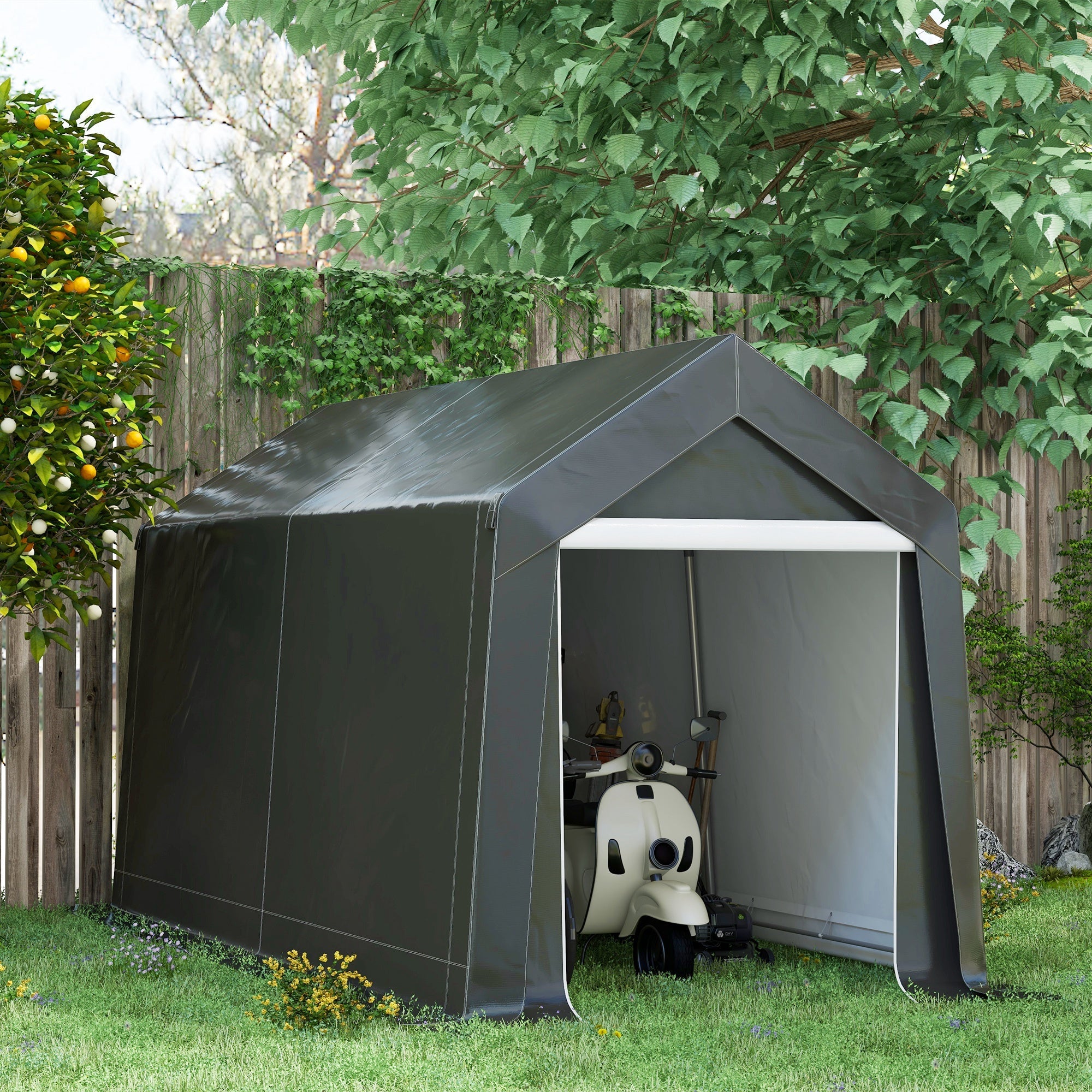 Outsunny 7' x 12' Outdoor Storage Shed Portable Garage with Roll-up Door for Motorcycle, Bike, Garden Tools, Dark Grey
