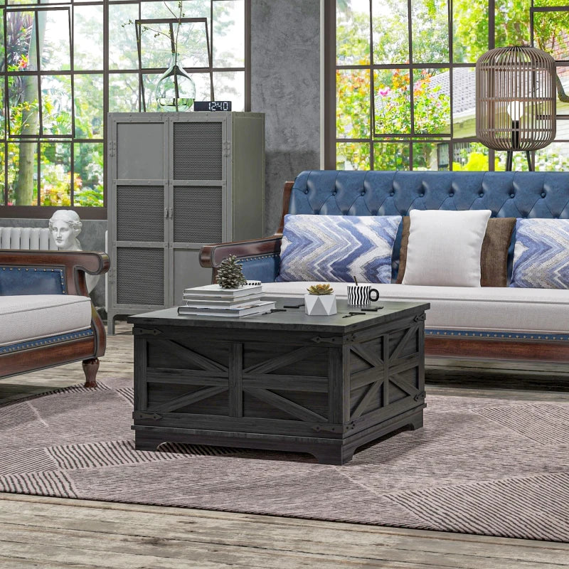 Farmhouse Coffee Table, Square Center Table with Flip-top Lids, Hidden Storage Compartment, Black