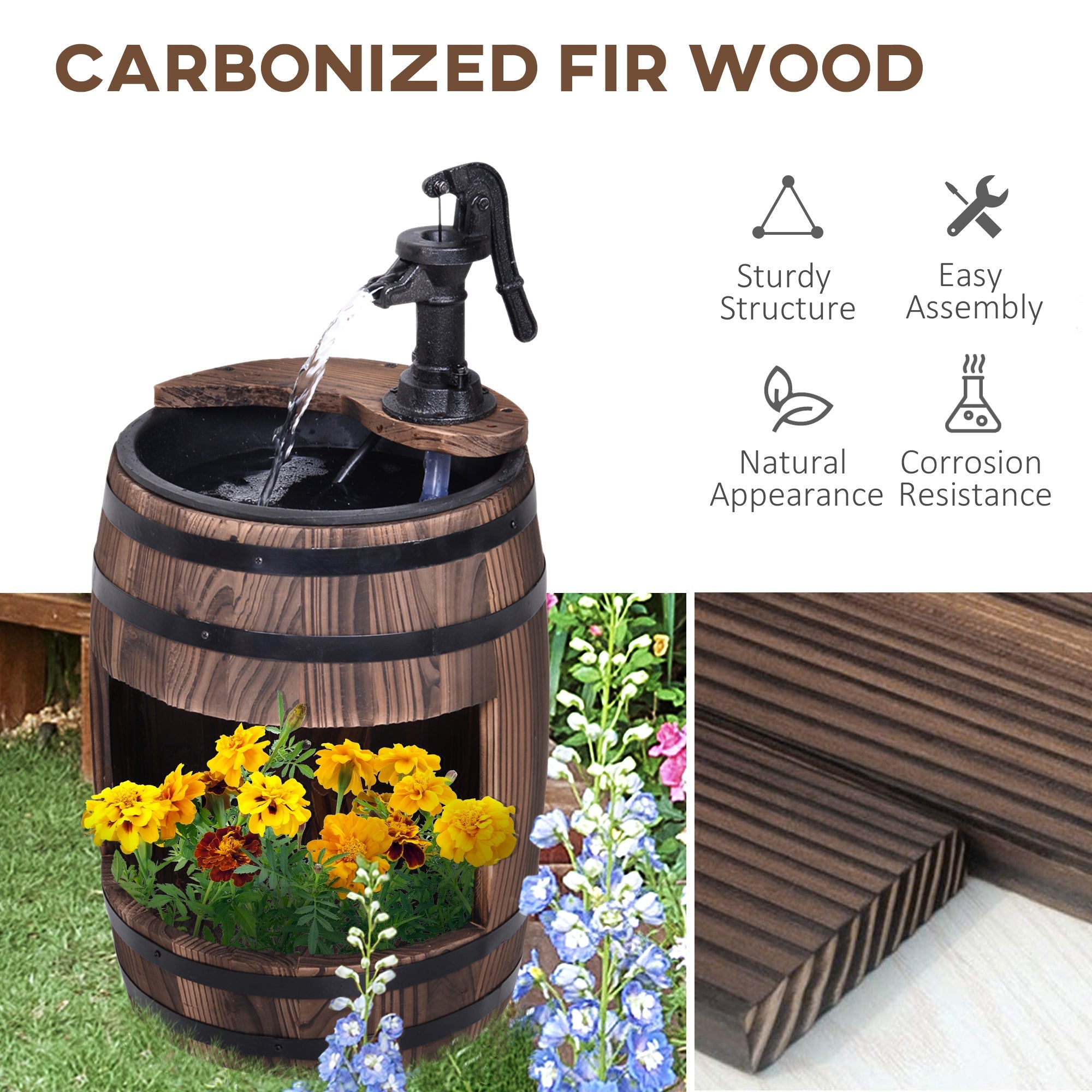 Outsunny Barrel Water Fountain, Wooden Electric Outdoor Feature with Pump, Carbonized for Patio & Backyard