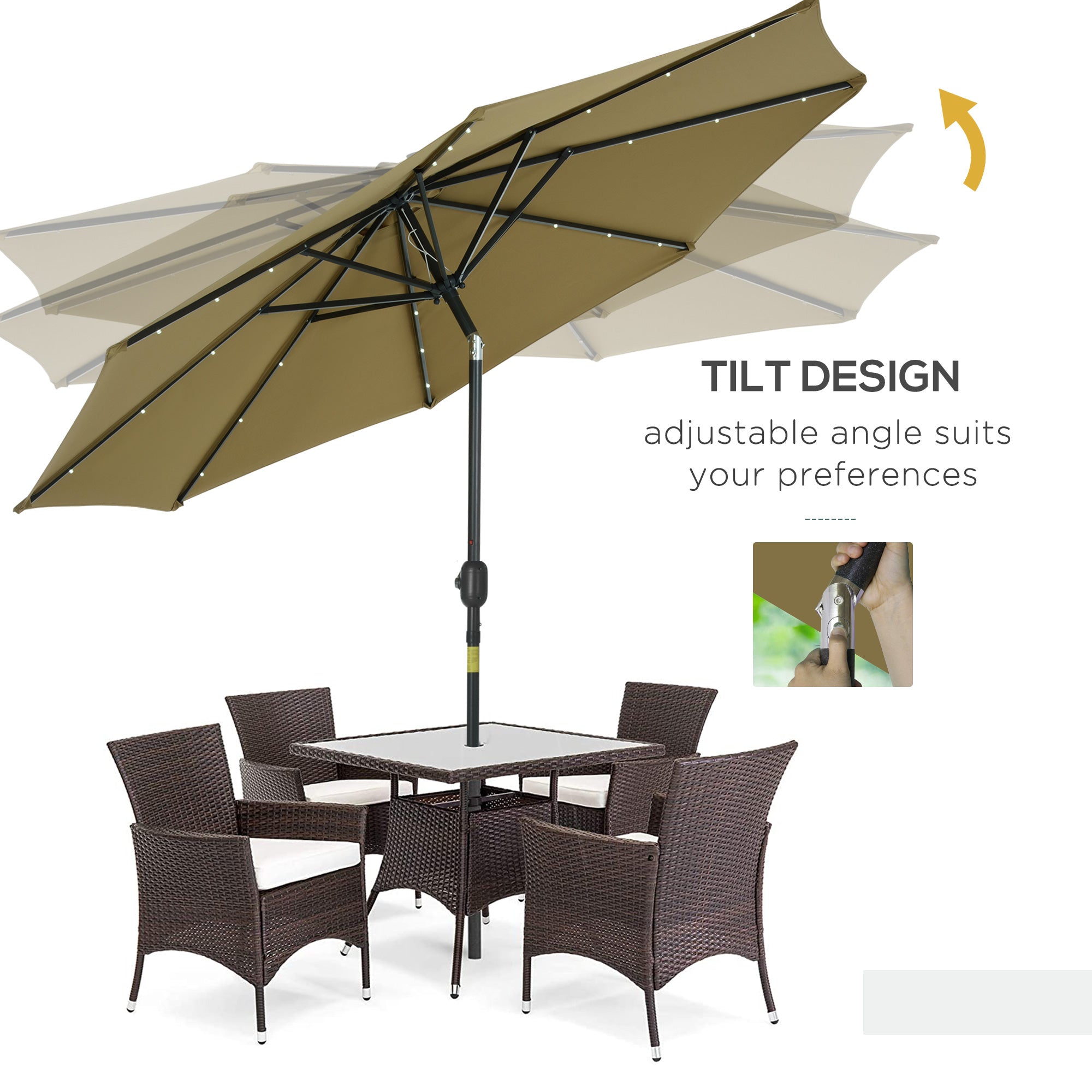 Outsunny Solar Radiance Parasol: 9ft Outdoor Sunshade with 24 LED Lights, Tilting Canopy Umbrella Brown