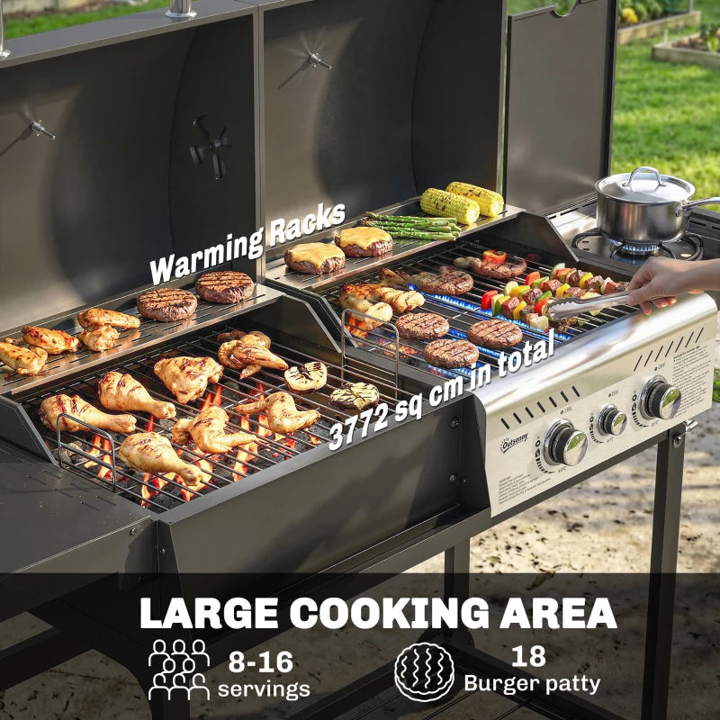 Outsunny Dual Fuel BBQ Grill, Charcoal and 2+1 Gas Burner Barbecue Grill with Wheels, Warming Rack, Black