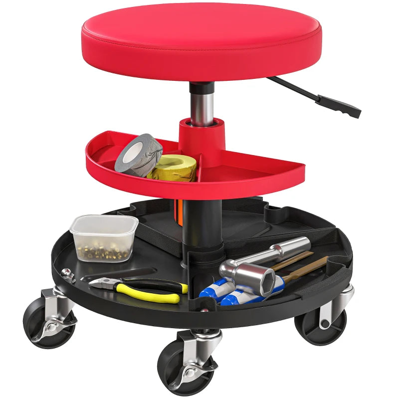Rolling Garage Stool, 300 LBS Capacity Mechanic Stool with 2.5" Wheels, Tool Trays Storage, Adjustable Height, Red