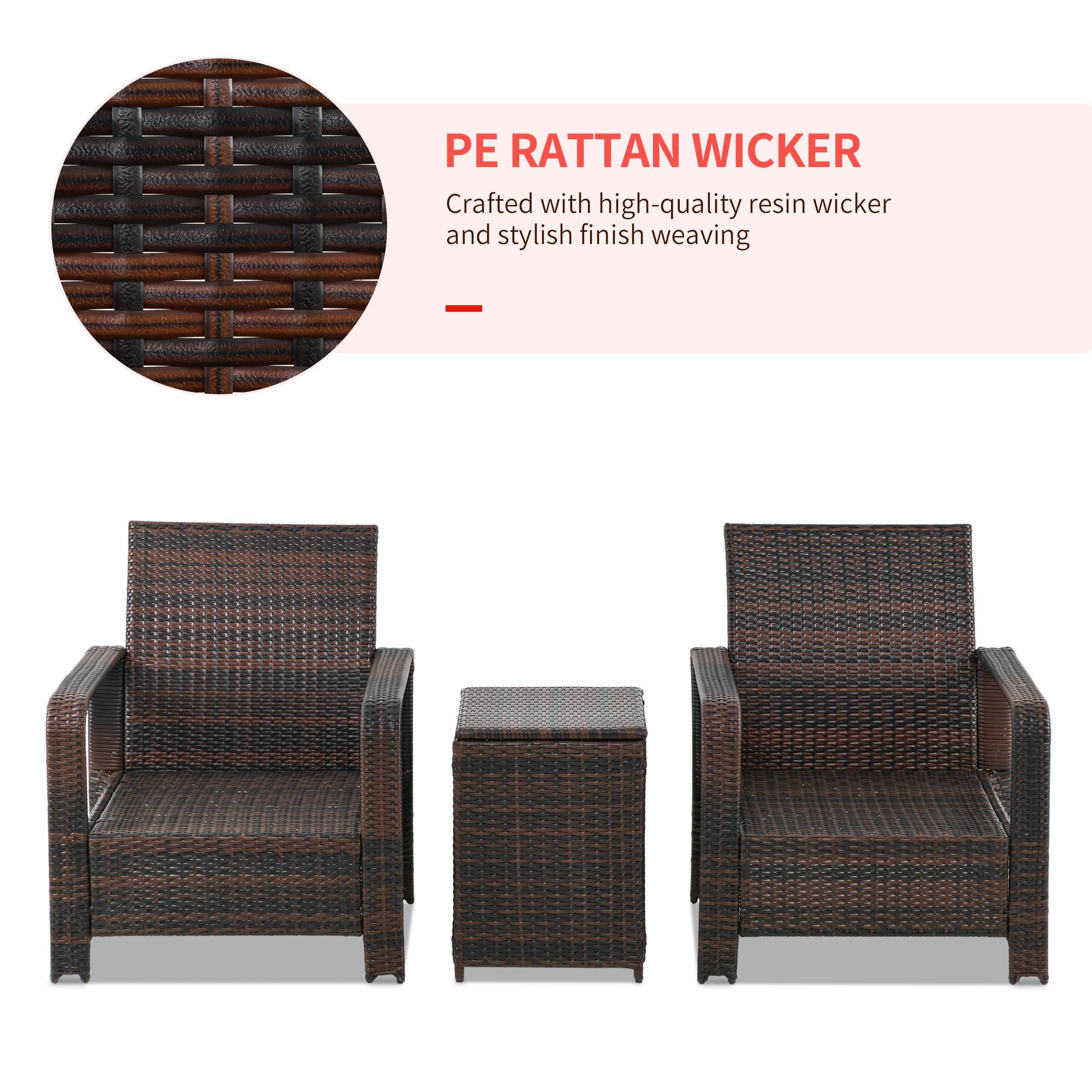 Outsunny 3pc Rattan Garden Sofa Set 2 Chairs Storage Table Cushioned