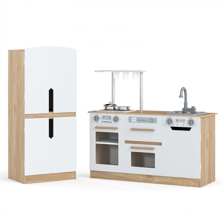 Wooden 2 Piece Kids Kitchen Playset with Fridge and Running Water