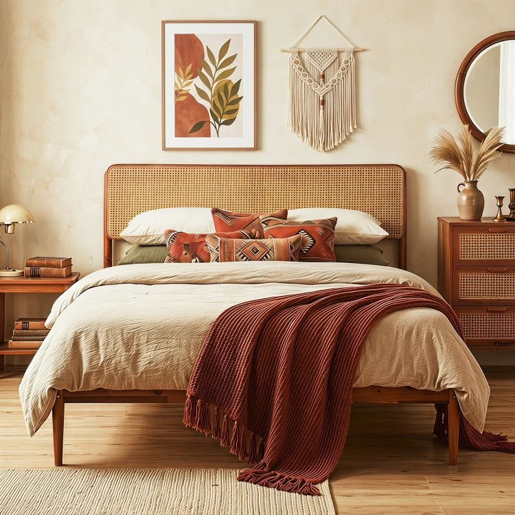 Wooden Boho Rattan Bed Frame with Acacia Wood Construction & Slat Support – Twin, Full & Queen Sizes