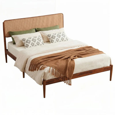 Wooden Boho Rattan Bed Frame with Acacia Wood Construction & Slat Support – Twin, Full & Queen Sizes