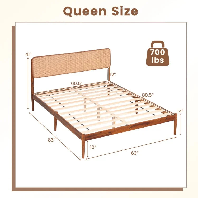 Wooden Boho Rattan Bed Frame with Acacia Wood Construction & Slat Support – Twin, Full & Queen Sizes