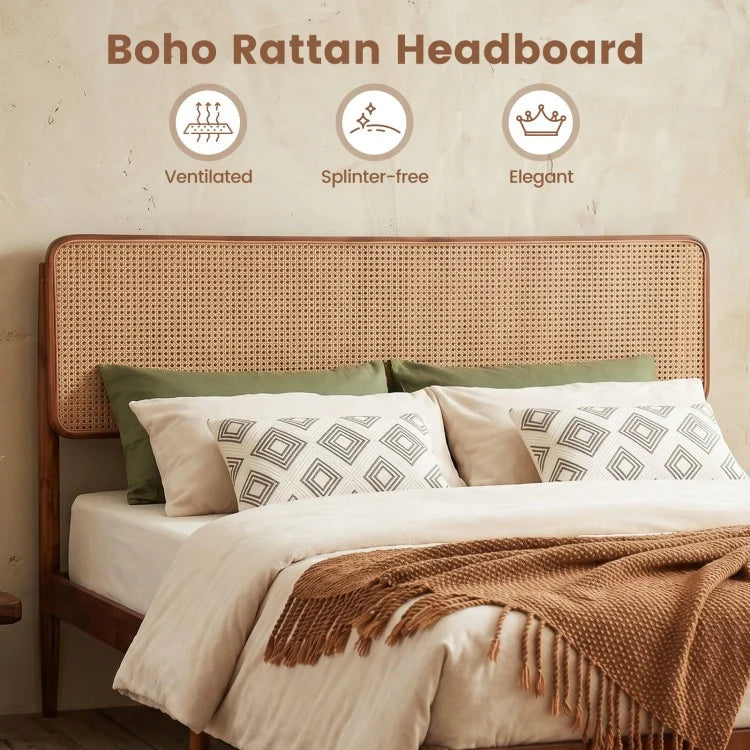 Wooden Boho Rattan Bed Frame with Acacia Wood Construction & Slat Support – Twin, Full & Queen Sizes