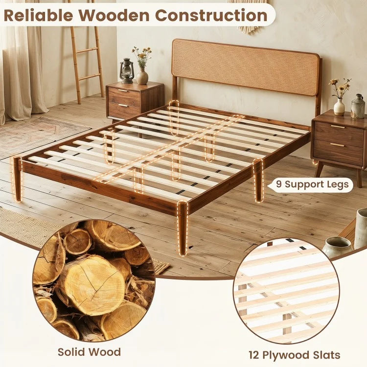 Wooden Boho Rattan Bed Frame with Acacia Wood Construction & Slat Support – Twin, Full & Queen Sizes
