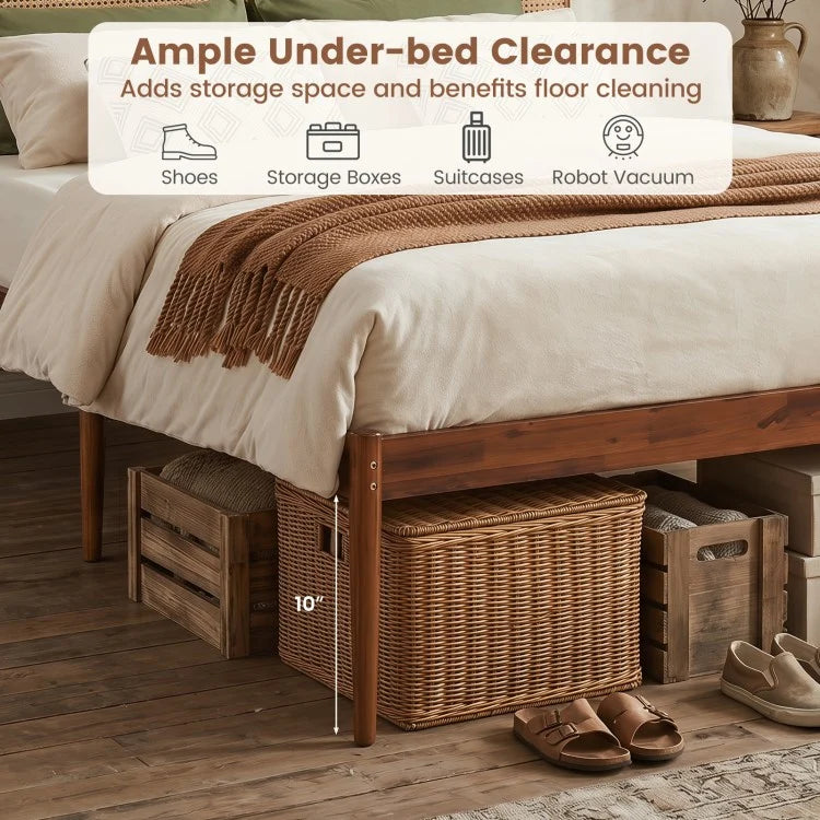 Wooden Boho Rattan Bed Frame with Acacia Wood Construction & Slat Support – Twin, Full & Queen Sizes