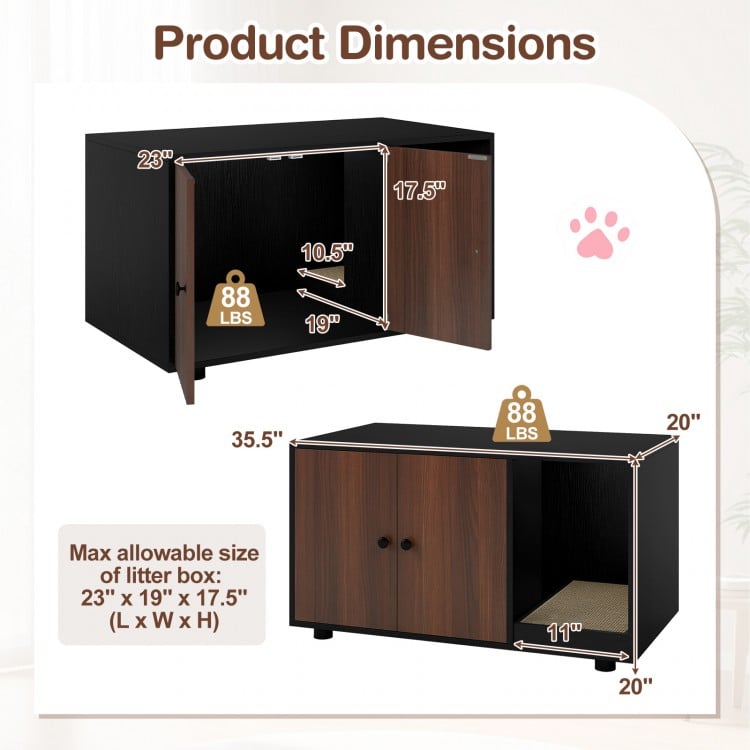 Wooden Cat Litter Box Enclosure Hidden Litter Box Furniture with Scratching Board-Black