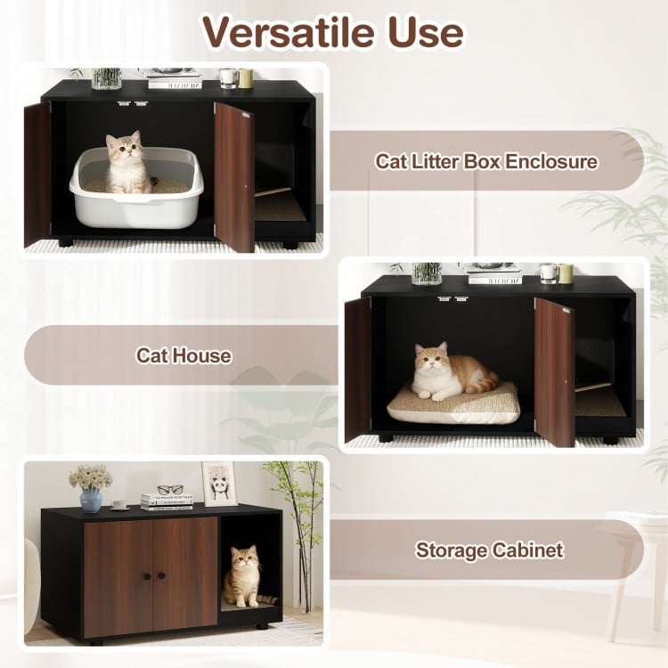 Wooden Cat Litter Box Enclosure Hidden Litter Box Furniture with Scratching Board-Black