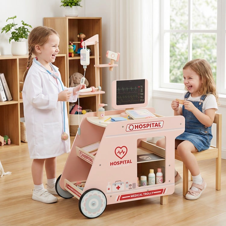 Wooden Doctor Playset for Kids Pretend Play Doctor Kit with Cart Gift for Toddlers Boys Girls Aged 3+-Pink