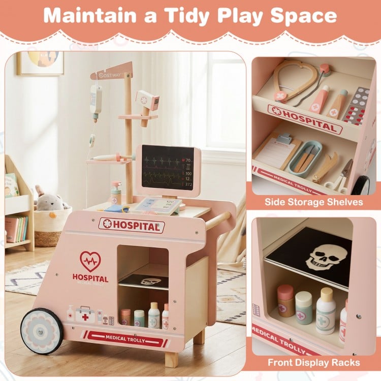 Wooden Doctor Playset for Kids Pretend Play Doctor Kit with Cart Gift for Toddlers Boys Girls Aged 3+-Pink