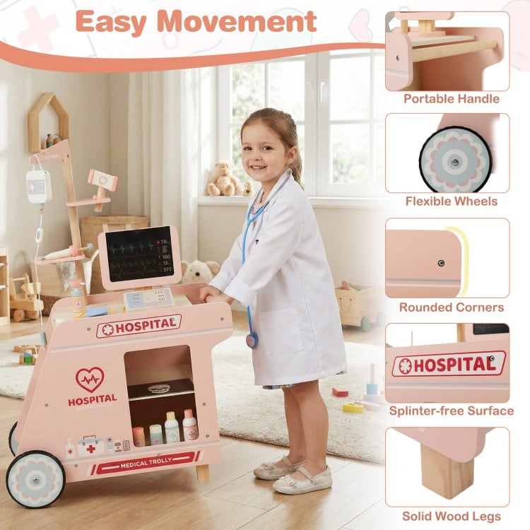 Wooden Doctor Playset for Kids Pretend Play Doctor Kit with Cart Gift for Toddlers Boys Girls Aged 3+-Pink
