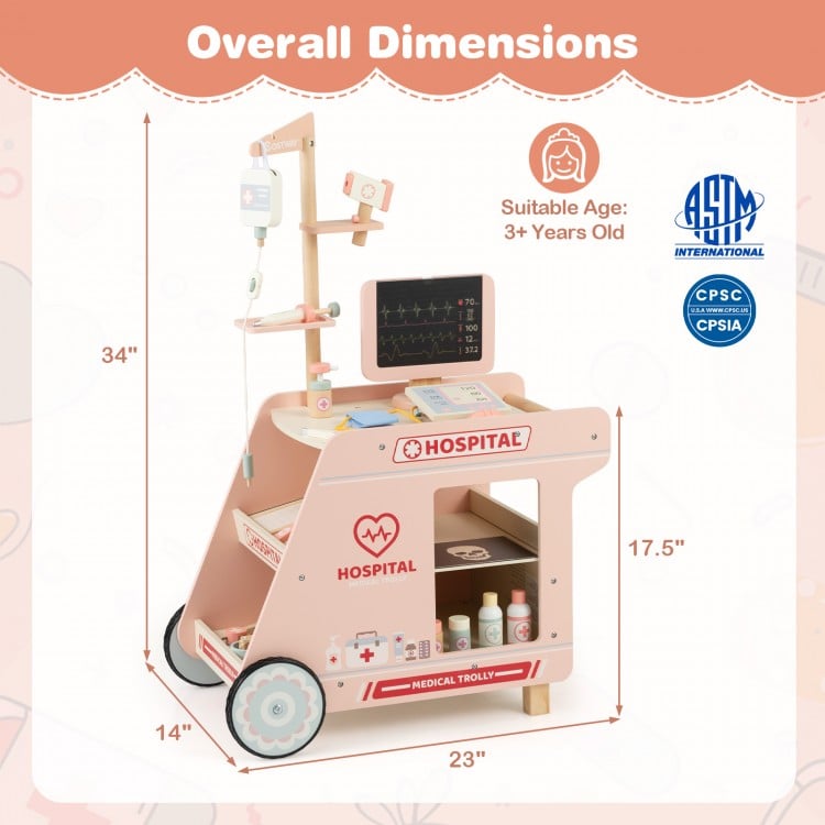 Wooden Doctor Playset for Kids Pretend Play Doctor Kit with Cart Gift for Toddlers Boys Girls Aged 3+-Pink