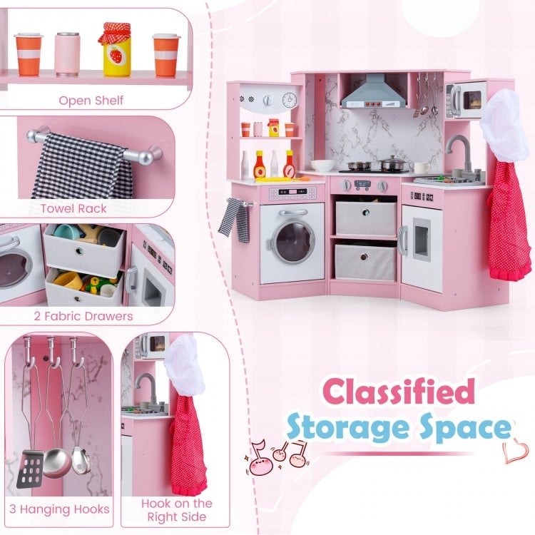 Wooden Kids Play Kitchen Playset with Realistic Lights and Sounds-Pink