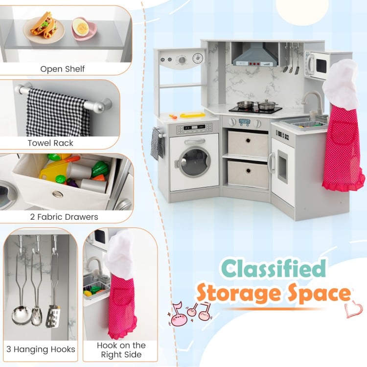 Wooden Kids Play Kitchen Playset with Realistic Lights and Sounds-Gray
