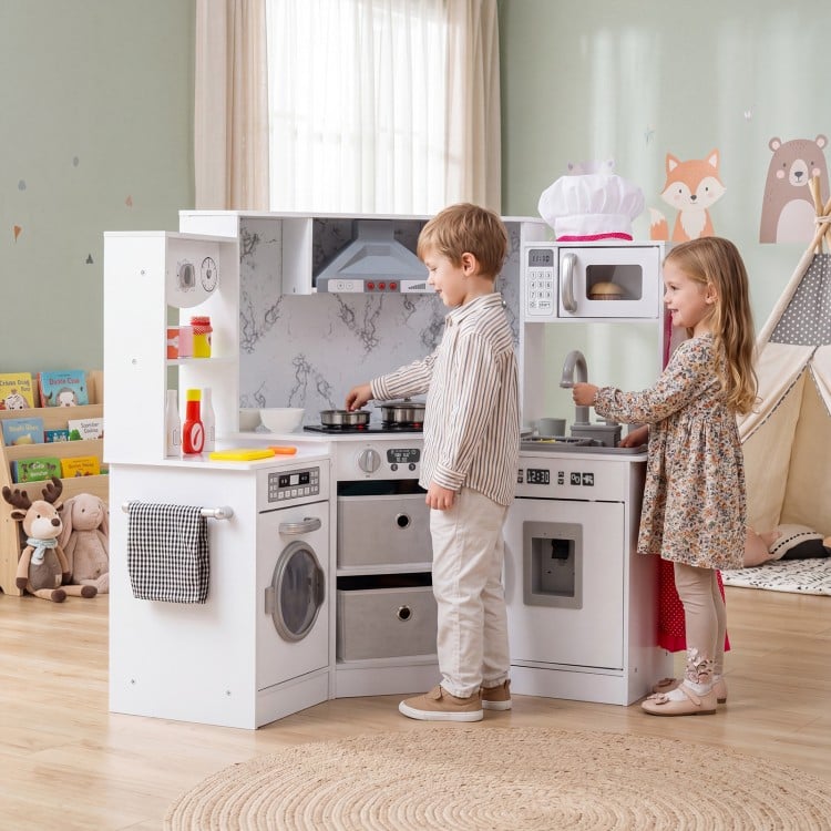 Wooden Kids Play Kitchen Playset with Realistic Lights and Sounds-White