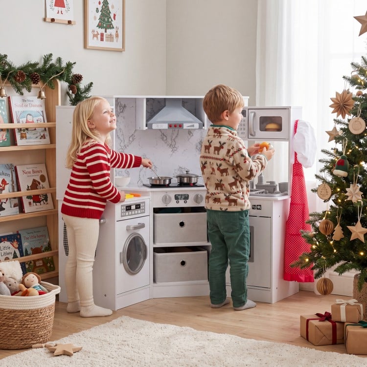 Wooden Kids Play Kitchen Playset with Realistic Lights and Sounds-White