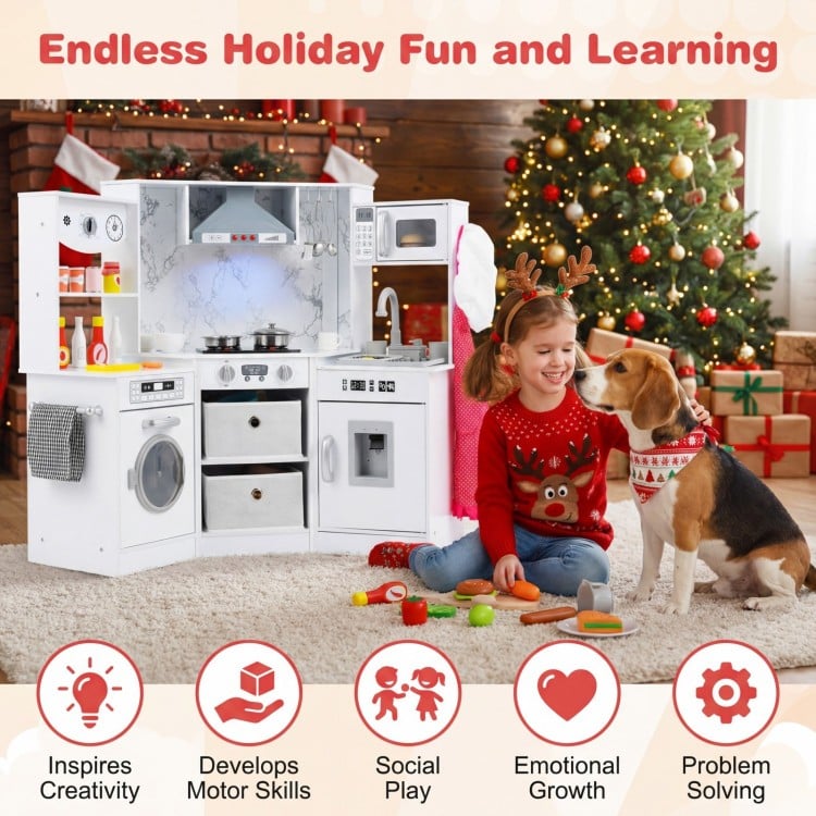 Wooden Kids Play Kitchen Playset with Realistic Lights and Sounds-White