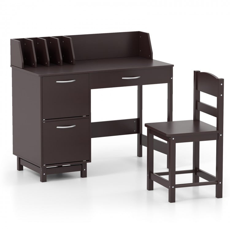 Wooden Kids Study Desk and Chair Set with Drawer and 2 Storage Cabinets-Dark Brown