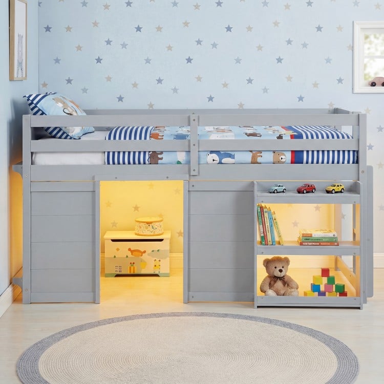 Wooden Low Kids Loft Bed with LED Lights and 2 Doors-Gray