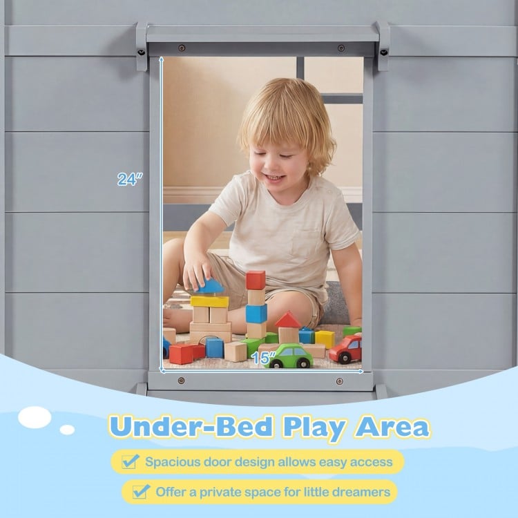 Wooden Low Kids Loft Bed with LED Lights and 2 Doors-Gray