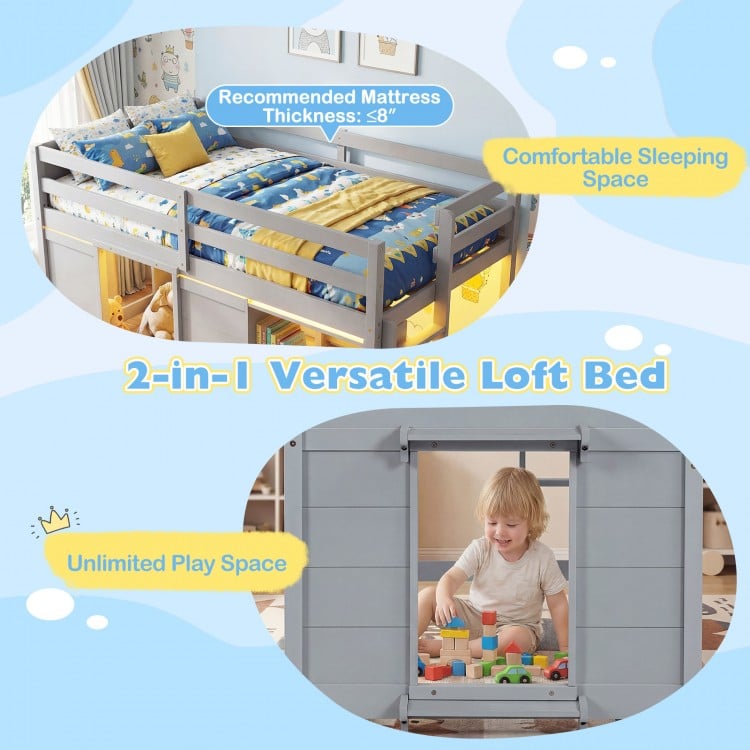 Wooden Low Kids Loft Bed with LED Lights and 2 Doors-Gray
