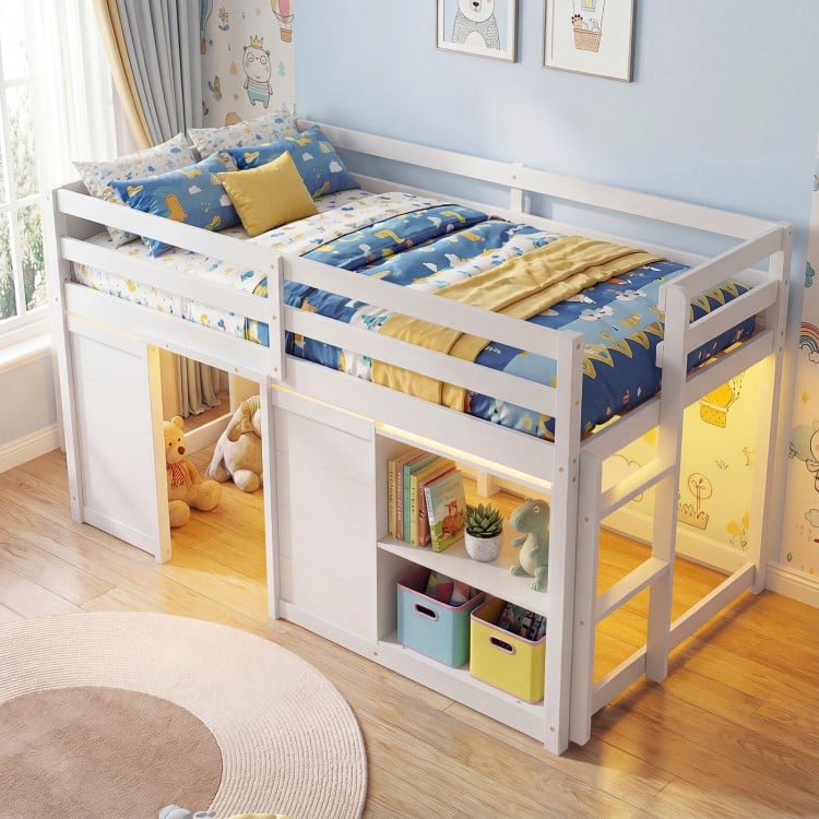 Wooden Low Kids Loft Bed with LED Lights and 2 Doors-White