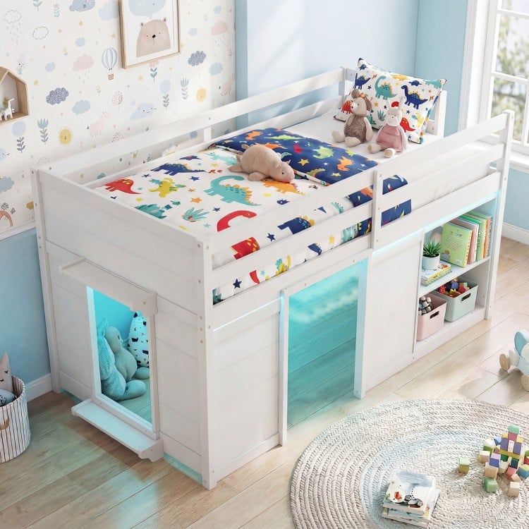 Wooden Low Kids Loft Bed with LED Lights and 2 Doors-White