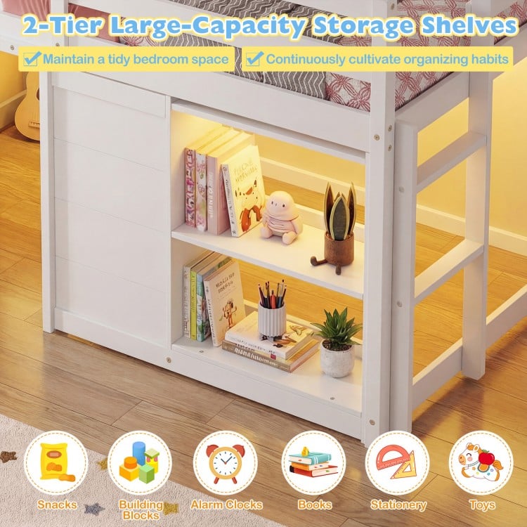 Wooden Low Kids Loft Bed with LED Lights and 2 Doors-White
