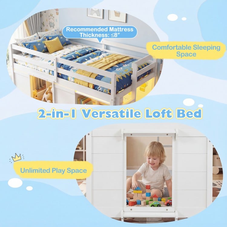 Wooden Low Kids Loft Bed with LED Lights and 2 Doors-White