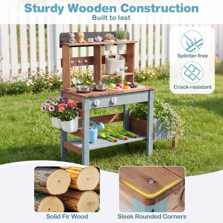 Wooden Mud Kitchen Set with Running Water Faucet Tank