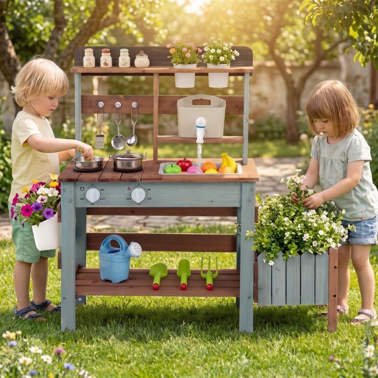Wooden Mud Kitchen Set with Running Water Faucet Tank