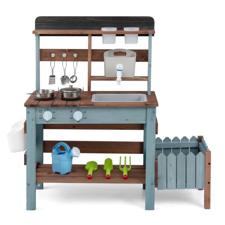 Wooden Mud Kitchen Set with Running Water Faucet Tank