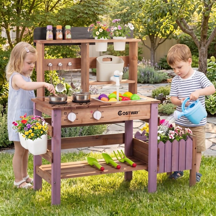 Wooden Mud Kitchen Set with Running Water Faucet Tank