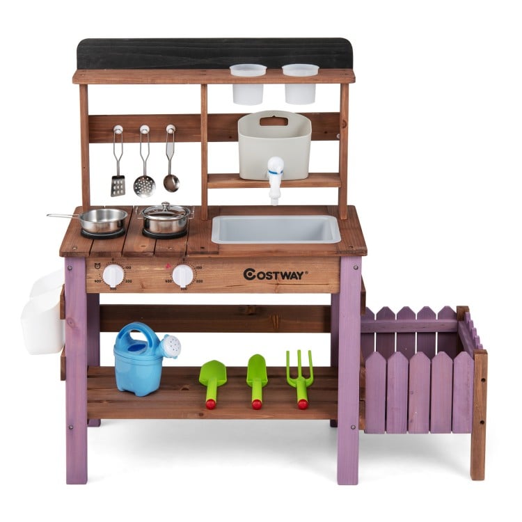 Wooden Mud Kitchen Set with Running Water Faucet Tank