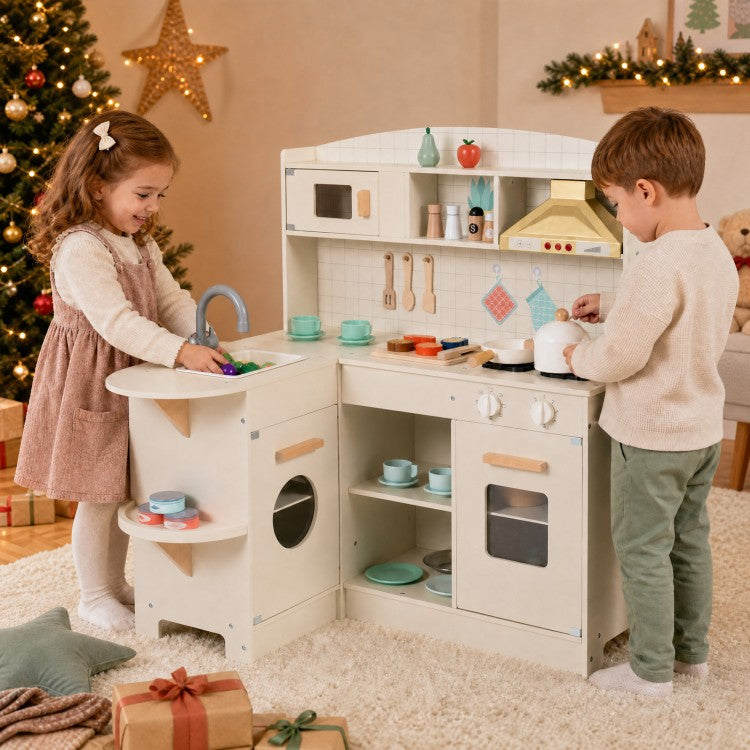 Wooden Kids Play Kitchen with Lights & Sounds, Stove, Microwave & Sink – White | Ages 3+