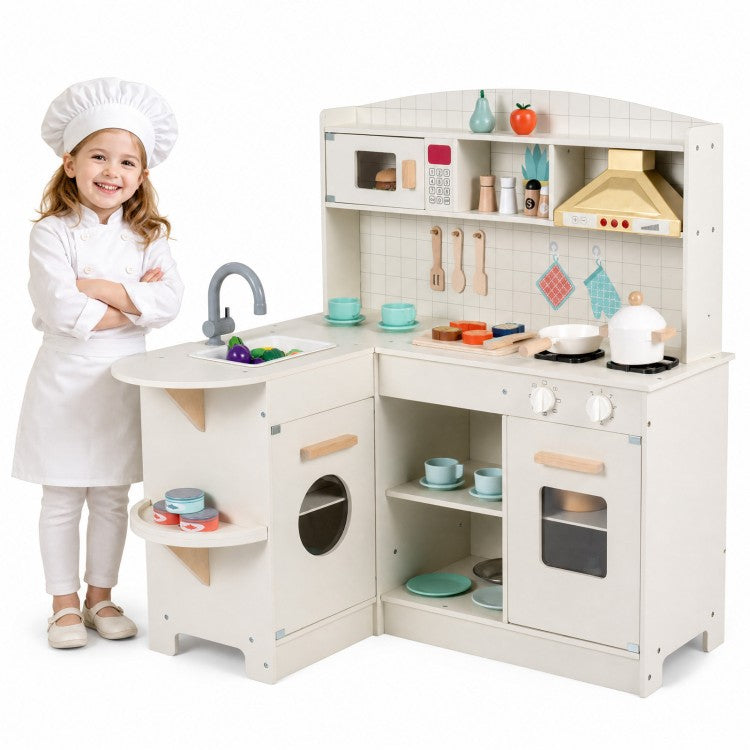Wooden Kids Play Kitchen with Lights & Sounds, Stove, Microwave & Sink – White | Ages 3+