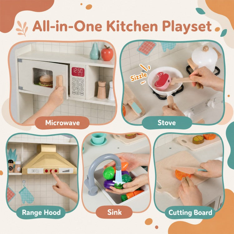 Wooden Kids Play Kitchen with Lights & Sounds, Stove, Microwave & Sink – White | Ages 3+