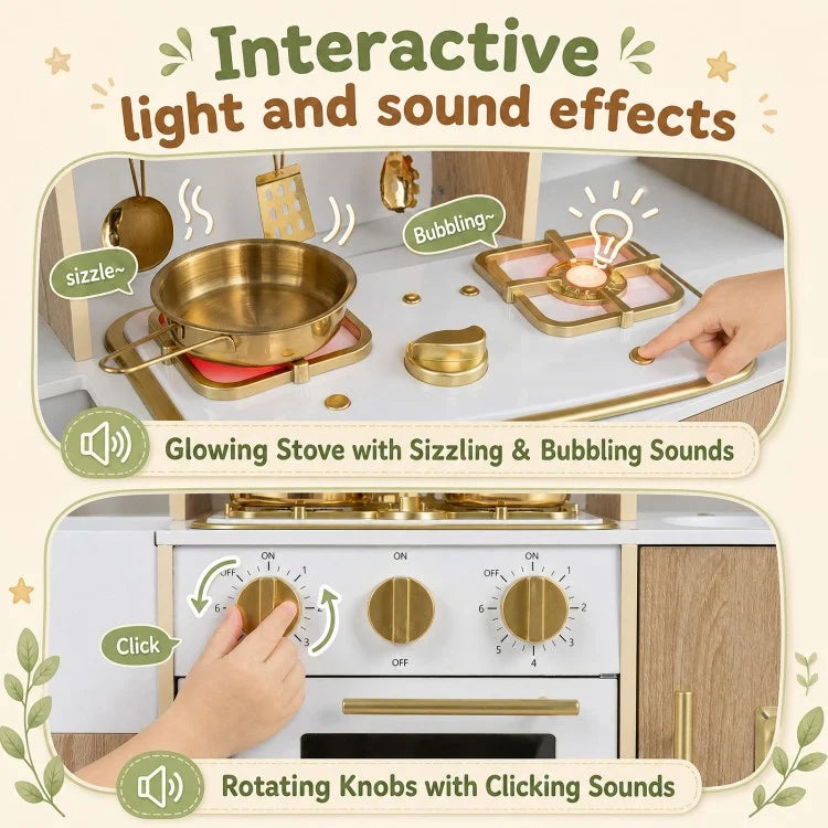 Wooden Play Kitchen with Lights, Sounds & Ice Maker for Toddlers