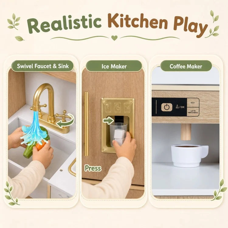 Wooden Play Kitchen with Lights, Sounds & Ice Maker for Toddlers