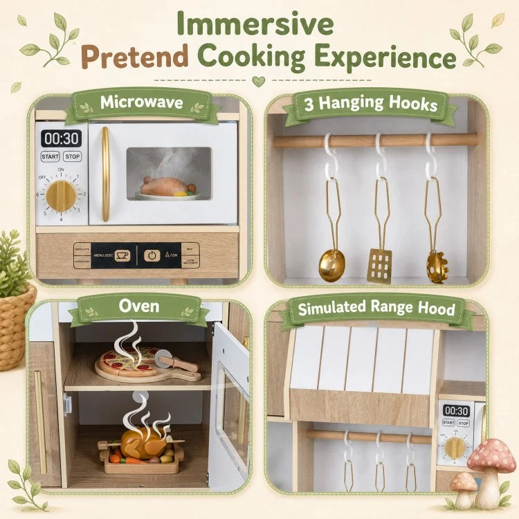Wooden Play Kitchen with Lights, Sounds & Ice Maker for Toddlers