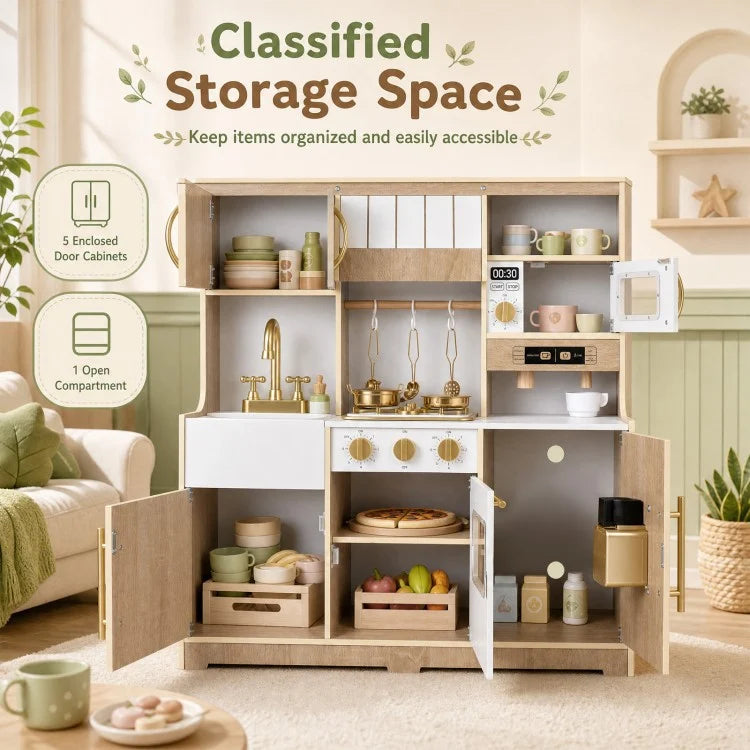 Wooden Play Kitchen with Lights, Sounds & Ice Maker for Toddlers