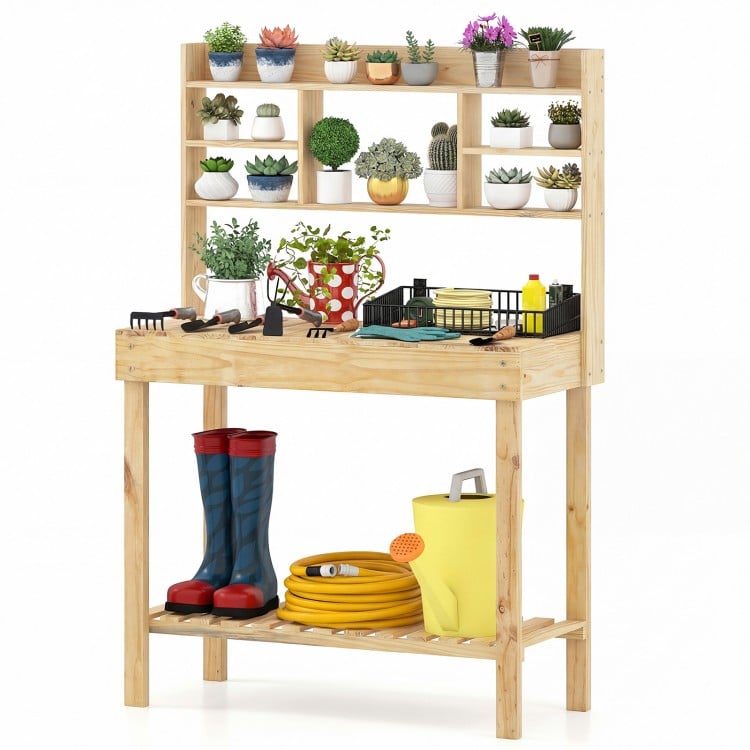 Wooden Potting Bench Table Garden Planting Workstation with 3-Tier Open Shelf-Natural