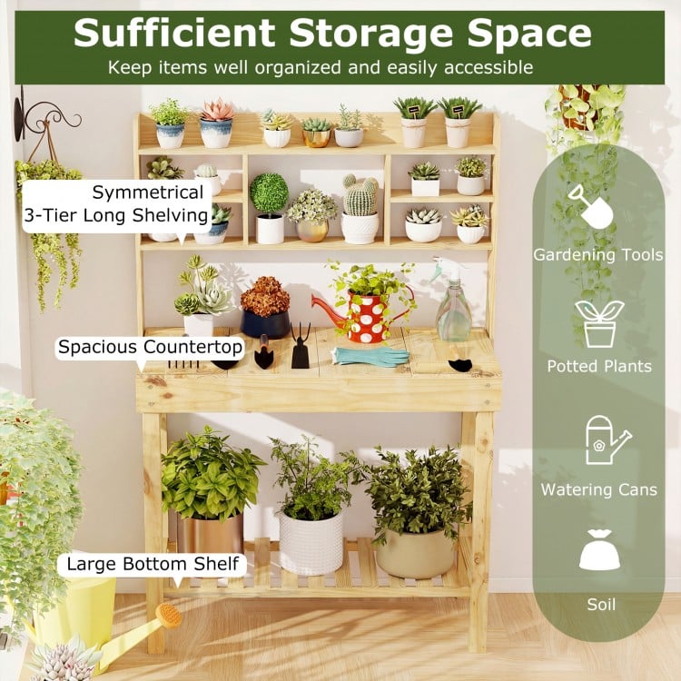 Wooden Potting Bench Table Garden Planting Workstation with 3-Tier Open Shelf-Natural
