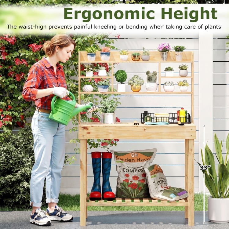 Wooden Potting Bench Table Garden Planting Workstation with 3-Tier Open Shelf-Natural