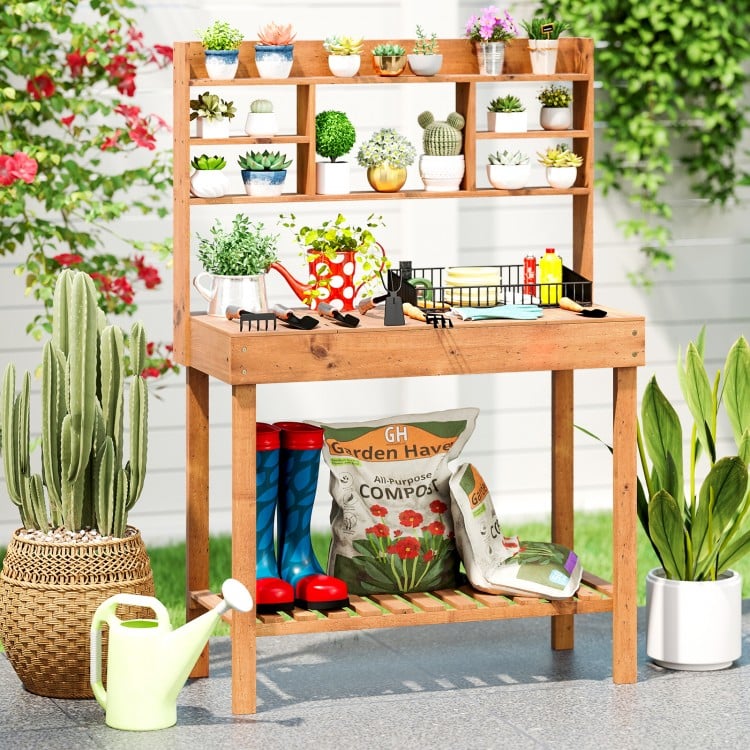 Wooden Potting Bench Table Garden Planting Workstation with 3-Tier Open Shelf-Brown