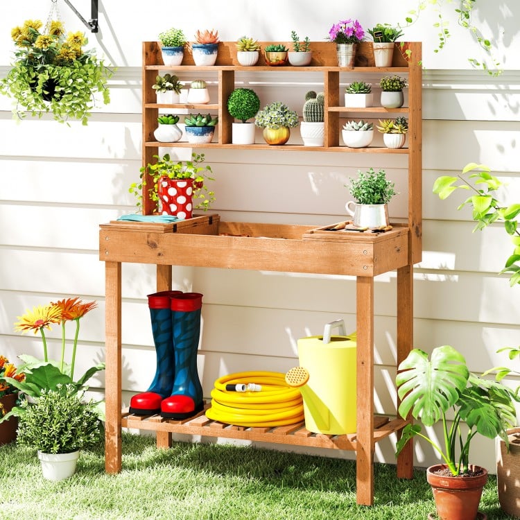 Wooden Potting Bench Table Garden Planting Workstation with 3-Tier Open Shelf-Brown